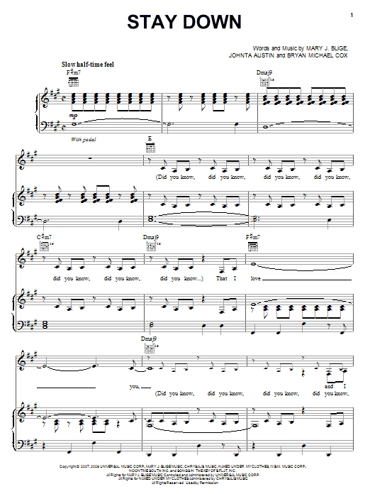Learn to play Mary J. Blige Stay Down sheet music for Piano, Vocal & Guitar Chords (Right-Hand Melody) in minutes. Price: 7.8900$ Mary J. Blige Stay Down sheet music notes and chords arranged for Piano, Vocal & Guitar Chords (Right-Hand Melody)
