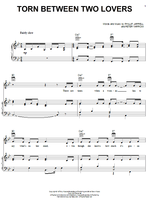 Learn to play Mary MacGregor Torn Between Two Lovers sheet music for Piano, Vocal & Guitar Chords (Right-Hand Melody) in minutes. Price: 7.8900$ Mary MacGregor Torn Between Two Lovers sheet music notes and chords arranged for Piano, Vocal & Guitar Chords (Right-Hand Melody)