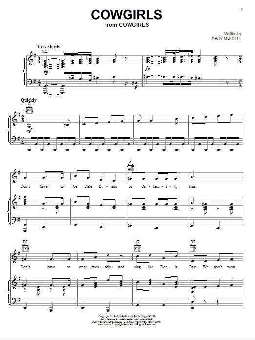 Learn to play Mary Murfitt Cowgirls sheet music for Piano, Vocal & Guitar Chords (Right-Hand Melody) in minutes. Price: 7.8900$ Mary Murfitt Cowgirls sheet music notes and chords arranged for Piano, Vocal & Guitar Chords (Right-Hand Melody)