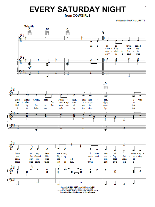 Learn to play Mary Murfitt Every Saturday Night sheet music for Piano, Vocal & Guitar Chords (Right-Hand Melody) in minutes. Price: 7.8900$ Mary Murfitt Every Saturday Night sheet music notes and chords arranged for Piano, Vocal & Guitar Chords (Right-Hand Melody)