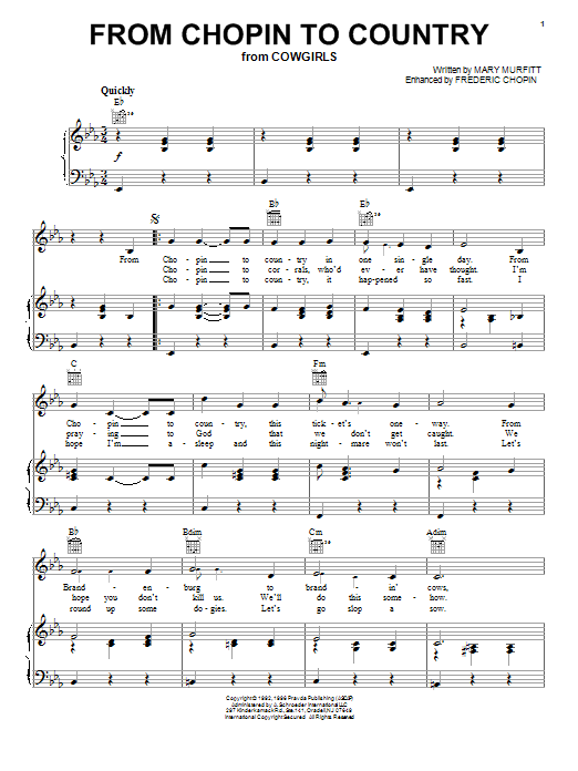 Learn to play Mary Murfitt From Chopin To Country sheet music for Piano, Vocal & Guitar Chords (Right-Hand Melody) in minutes. Price: 7.8900$ Mary Murfitt From Chopin To Country sheet music notes and chords arranged for Piano, Vocal & Guitar Chords (Right-Hand Melody)