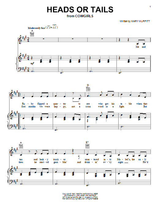 Learn to play Mary Murfitt Heads Or Tails sheet music for Piano & Vocal in minutes. Price: 7.8900$ Mary Murfitt Heads Or Tails sheet music notes and chords arranged for Piano & Vocal