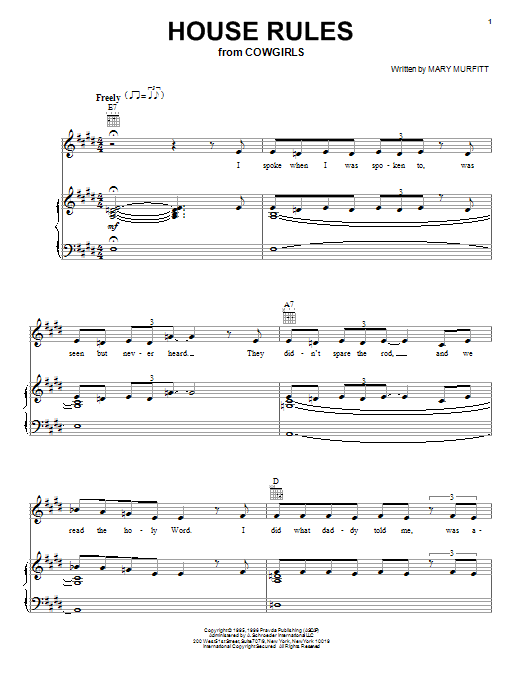Learn to play Mary Murfitt House Rules sheet music for Piano, Vocal & Guitar Chords (Right-Hand Melody) in minutes. Price: 7.8900$ Mary Murfitt House Rules sheet music notes and chords arranged for Piano, Vocal & Guitar Chords (Right-Hand Melody)