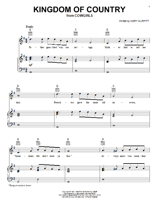 Learn to play Mary Murfitt Kingdom Of Country sheet music for Piano, Vocal & Guitar Chords (Right-Hand Melody) in minutes. Price: 7.8900$ Mary Murfitt Kingdom Of Country sheet music notes and chords arranged for Piano, Vocal & Guitar Chords (Right-Hand Melody)