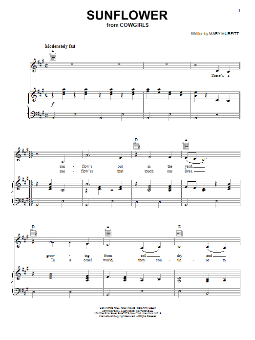 Learn to play Mary Murfitt Sunflower sheet music for Piano, Vocal & Guitar Chords (Right-Hand Melody) in minutes. Price: 7.8900$ Mary Murfitt Sunflower sheet music notes and chords arranged for Piano, Vocal & Guitar Chords (Right-Hand Melody)