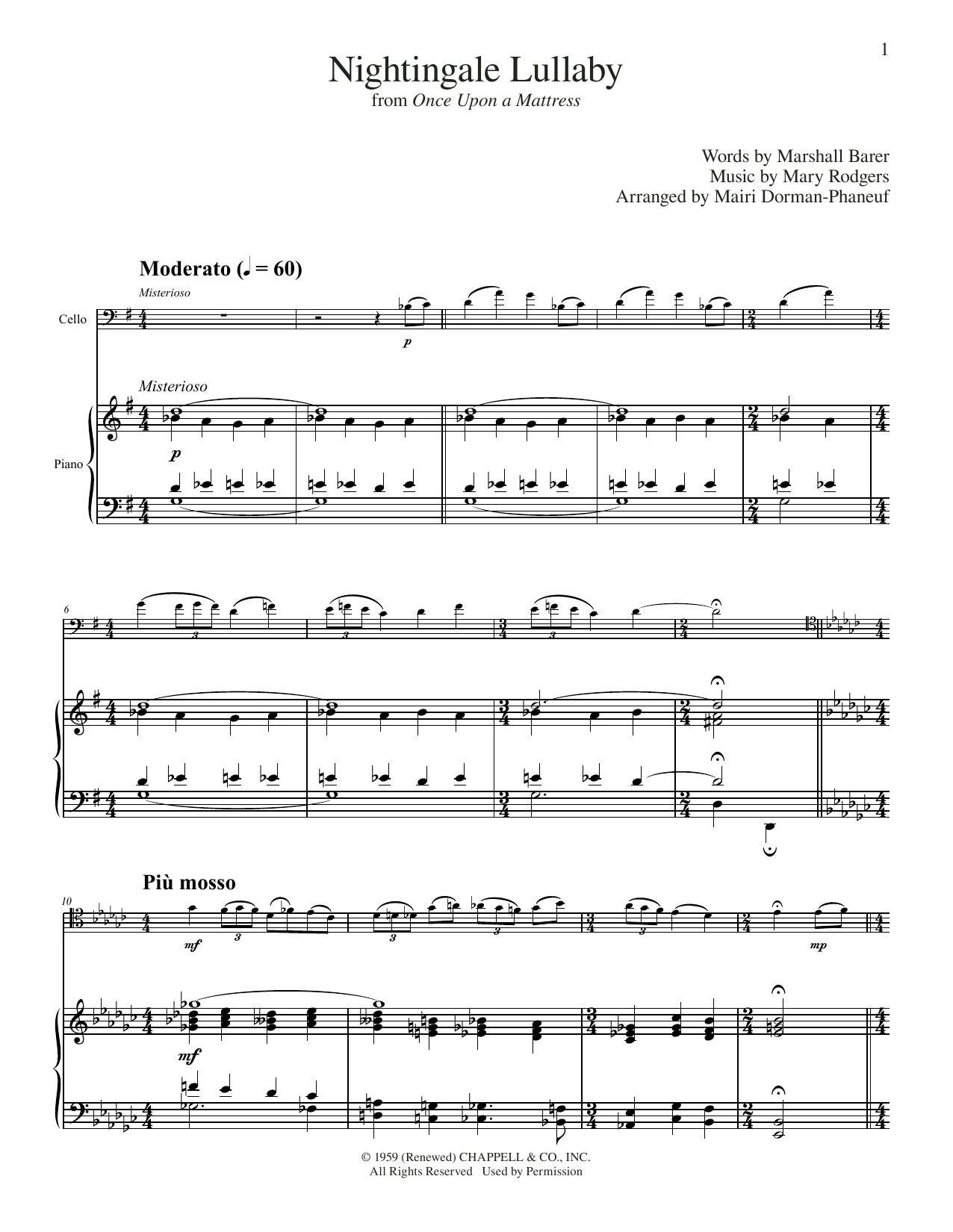 Learn to play Mary Rodgers Nightingale Lullaby (from Once Upon A Mattress) (arr. Mairi Dorman-Phaneuf) sheet music for Cello and Piano in minutes. Price: 8.9900$ Mary Rodgers Nightingale Lullaby (from Once Upon A Mattress) (arr. Mairi Dorman-Phaneuf) sheet music notes and chords arranged for Cello and Piano