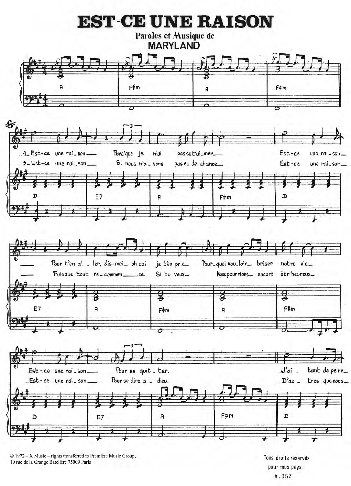 Learn to play Maryland Est Ce Une Raison sheet music for Piano & Vocal in minutes. Price: 7.8900$ Maryland Est Ce Une Raison sheet music notes and chords arranged for Piano & Vocal