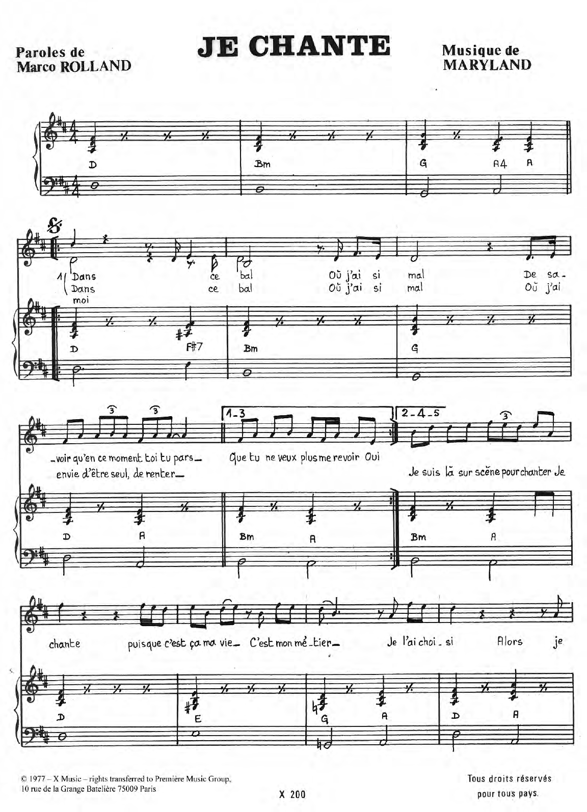 Learn to play Maryland Je Chante sheet music for Piano & Vocal in minutes. Price: 7.8900$ Maryland Je Chante sheet music notes and chords arranged for Piano & Vocal