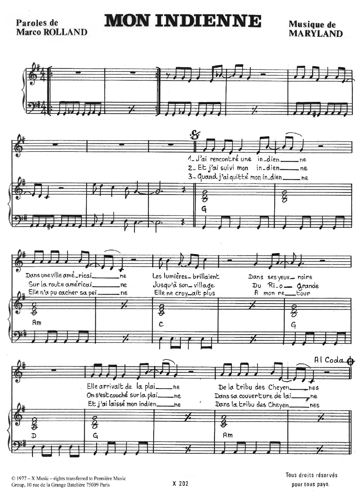 Learn to play Maryland Mon Indienne sheet music for Piano & Vocal in minutes. Price: 7.8900$ Maryland Mon Indienne sheet music notes and chords arranged for Piano & Vocal