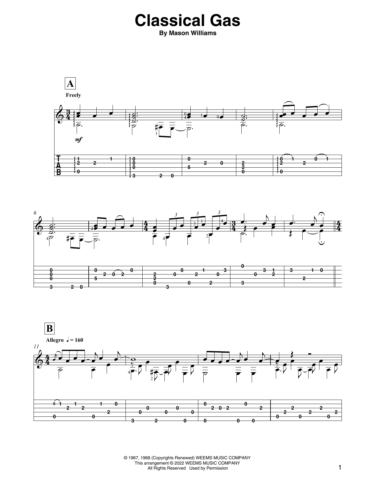 Mason Williams Classical Gas (arr. David Jaggs) sheet music notes and chords. Download Printable PDF.