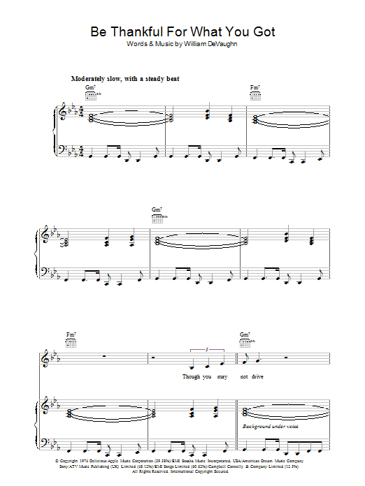 Massive Attack Be Thankful For What You Got sheet music notes and chords arranged for Piano, Vocal & Guitar Chords