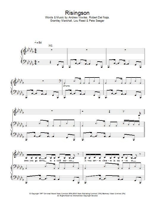 Learn to play Massive Attack Risingson sheet music for Piano, Vocal & Guitar Chords in minutes. Price: 7.8900$ Massive Attack Risingson sheet music notes and chords arranged for Piano, Vocal & Guitar Chords