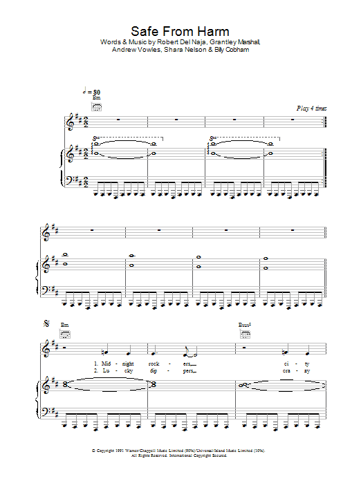 Learn to play Massive Attack Safe From Harm sheet music for Piano, Vocal & Guitar Chords in minutes. Price: 7.8900$ Massive Attack Safe From Harm sheet music notes and chords arranged for Piano, Vocal & Guitar Chords