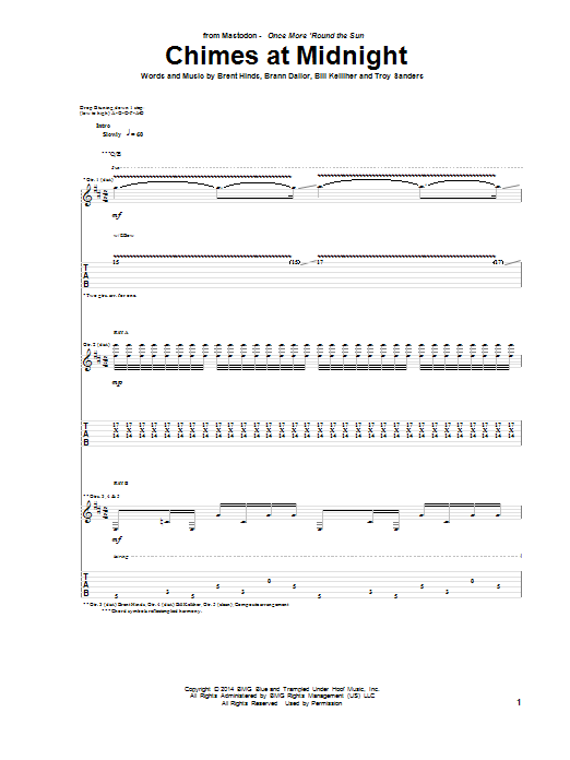 Learn to play Mastodon Chimes At Midnight sheet music for Guitar Tab in minutes. Price: 7.8900$ Mastodon Chimes At Midnight sheet music notes and chords arranged for Guitar Tab