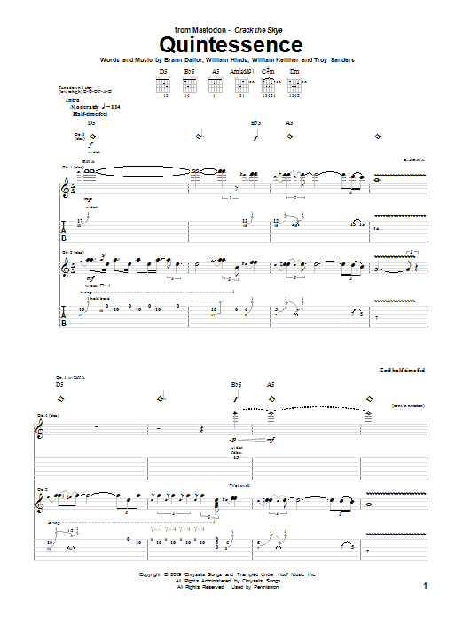 Learn to play Mastodon Quintessence sheet music for Guitar Tab in minutes. Price: 7.8900$ Mastodon Quintessence sheet music notes and chords arranged for Guitar Tab