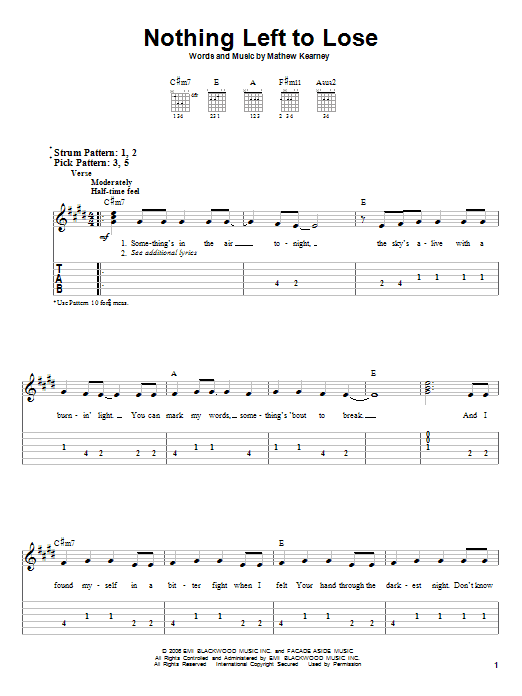 Learn to play Mat Kearney Nothing Left To Lose sheet music for Piano, Vocal & Guitar Chords (Right-Hand Melody) in minutes. Price: 7.8900$ Mat Kearney Nothing Left To Lose sheet music notes and chords arranged for Piano, Vocal & Guitar Chords (Right-Hand Melody)