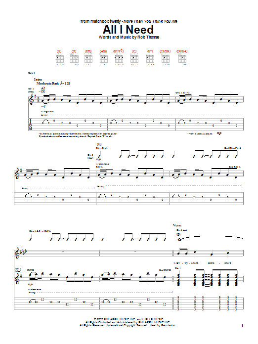 Learn to play Matchbox Twenty All I Need sheet music for Guitar Tab in minutes. Price: 7.8900$ Matchbox Twenty All I Need sheet music notes and chords arranged for Guitar Tab