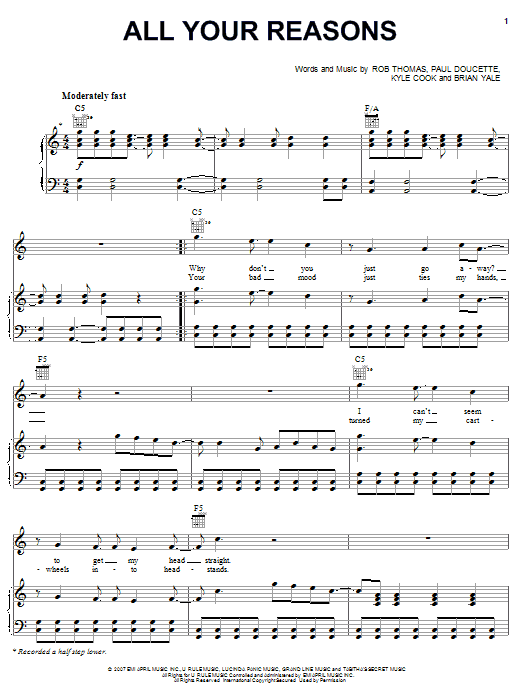 Learn to play Matchbox Twenty All Your Reasons sheet music for Piano, Vocal & Guitar Chords (Right-Hand Melody) in minutes. Price: 7.8900$ Matchbox Twenty All Your Reasons sheet music notes and chords arranged for Piano, Vocal & Guitar Chords (Right-Hand Melody)