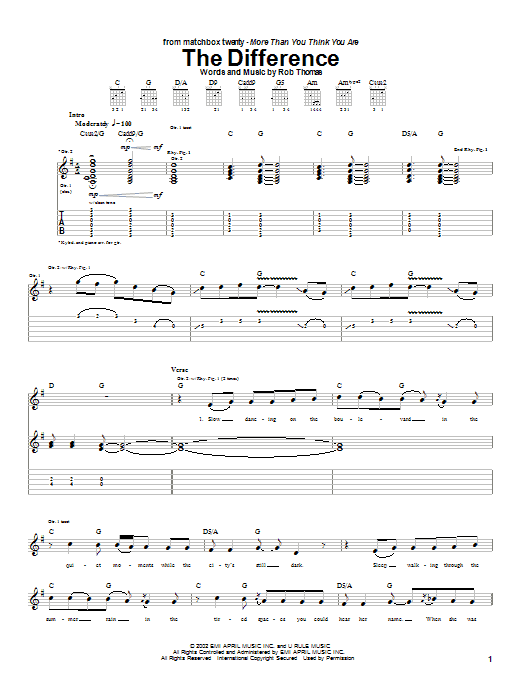 Learn to play Matchbox Twenty The Difference sheet music for Guitar Tab in minutes. Price: 7.8900$ Matchbox Twenty The Difference sheet music notes and chords arranged for Guitar Tab