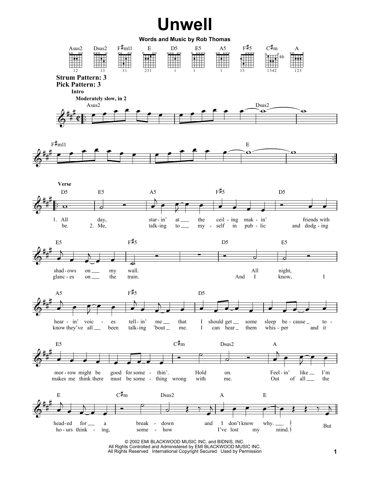 Matchbox Twenty Unwell sheet music notes and chords. Download Printable PDF.