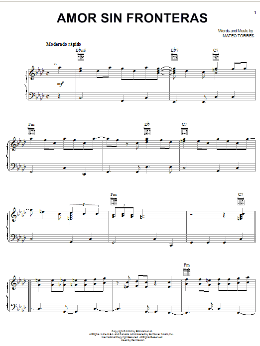 Learn to play Mateo Torres Amor Sin Fronteras sheet music for Piano, Vocal & Guitar Chords (Right-Hand Melody) in minutes. Price: 7.8900$ Mateo Torres Amor Sin Fronteras sheet music notes and chords arranged for Piano, Vocal & Guitar Chords (Right-Hand Melody)