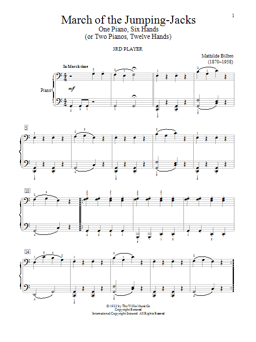 Learn to play Mathilde Bilbro March Of The Jumping-Jacks sheet music for Piano Duet in minutes. Price: 7.8900$ Mathilde Bilbro March Of The Jumping-Jacks sheet music notes and chords arranged for Piano Duet
