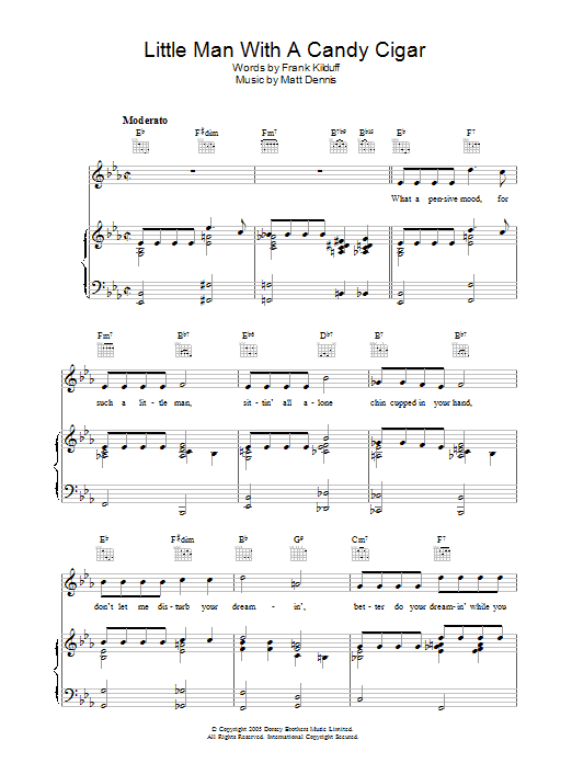Learn to play Matt Dennis Little Man With The Candy Cigar sheet music for Piano, Vocal & Guitar Chords in minutes. Price: 7.8900$ Matt Dennis Little Man With The Candy Cigar sheet music notes and chords arranged for Piano, Vocal & Guitar Chords