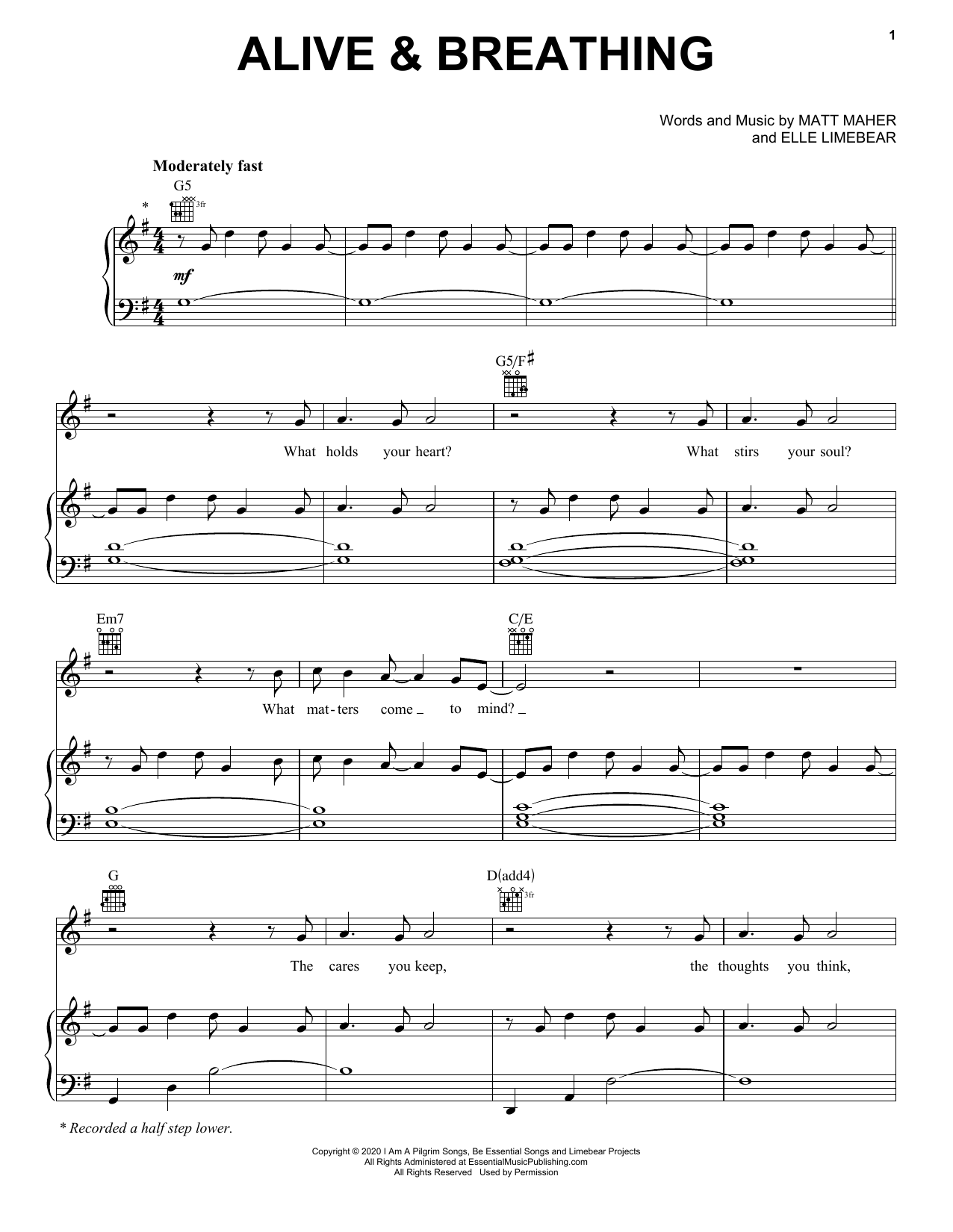 Matt Maher Alive & Breathing (feat. Elle Limebear) sheet music notes and chords. Download Printable PDF.