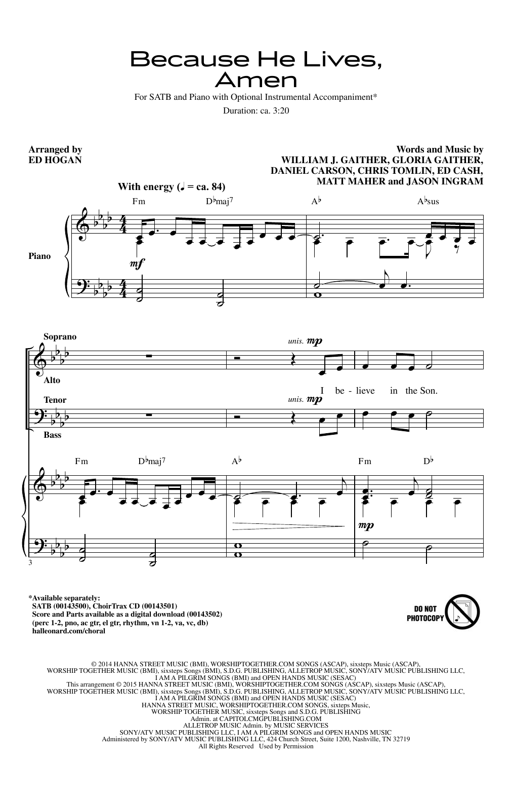 Ed Hogan Because He Lives, Amen sheet music notes and chords. Download Printable PDF.