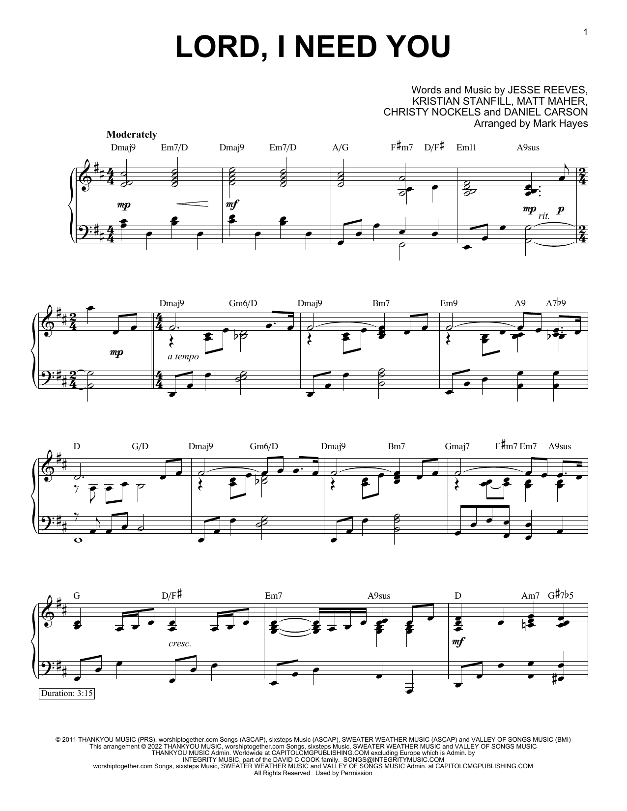 Matt Maher Lord, I Need You (arr. Mark Hayes) sheet music notes and chords. Download Printable PDF.