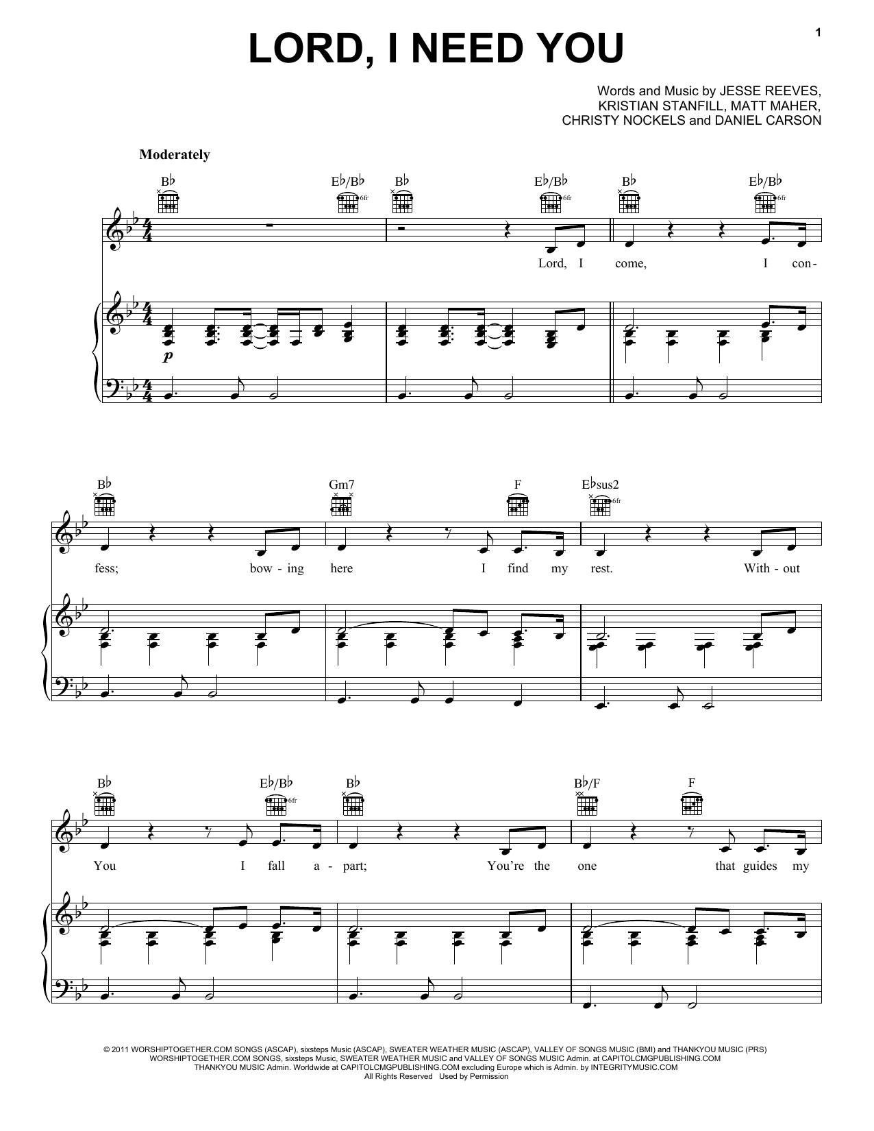 Chris Tomlin Lord, I Need You sheet music notes and chords. Download Printable PDF.