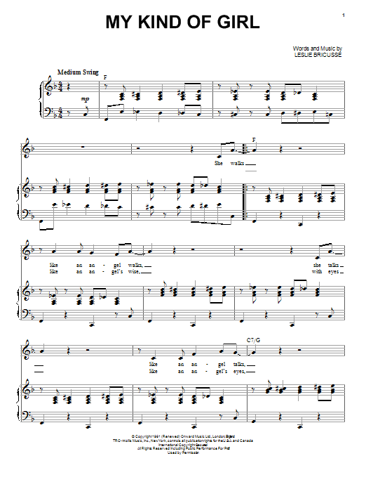 Learn to play Leslie Bricusse My Kind Of Girl sheet music for Piano, Vocal & Guitar Chords in minutes. Price: 7.8900$ Leslie Bricusse My Kind Of Girl sheet music notes and chords arranged for Piano, Vocal & Guitar Chords