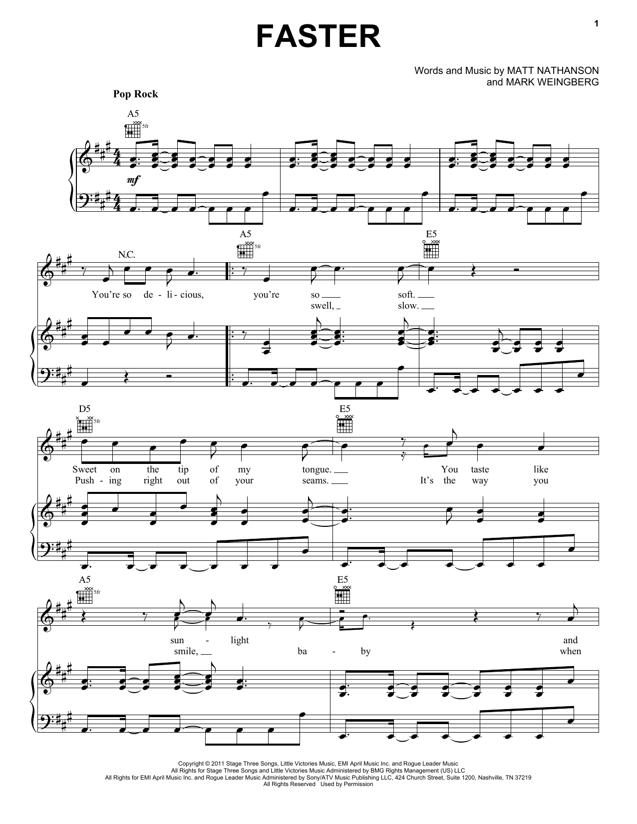 Learn to play Matt Nathanson Faster sheet music for Piano, Vocal & Guitar Chords (Right-Hand Melody) in minutes. Price: 7.8900$ Matt Nathanson Faster sheet music notes and chords arranged for Piano, Vocal & Guitar Chords (Right-Hand Melody)