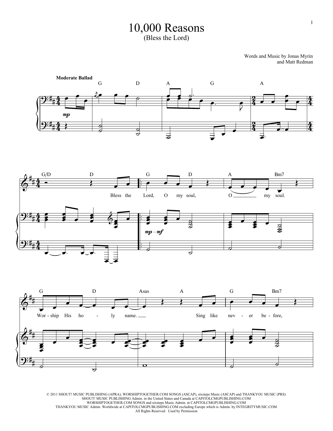 Matt Redman 10,000 Reasons (Bless The Lord) sheet music notes and chords. Download Printable PDF.