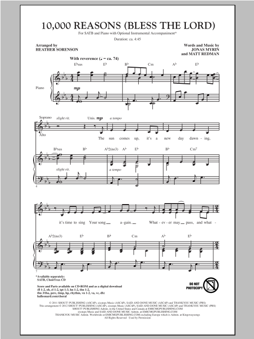 Matt Redman 10,000 Reasons (Bless The Lord) (arr. Heather Sorenson) sheet music notes and chords. Download Printable PDF.