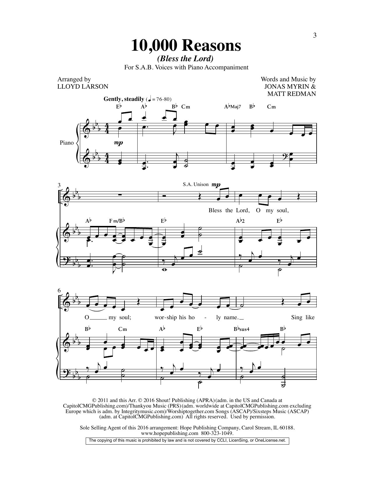 Matt Redman 10,000 Reasons (Bless the Lord) (arr. Lloyd Larson) sheet music notes and chords. Download Printable PDF.