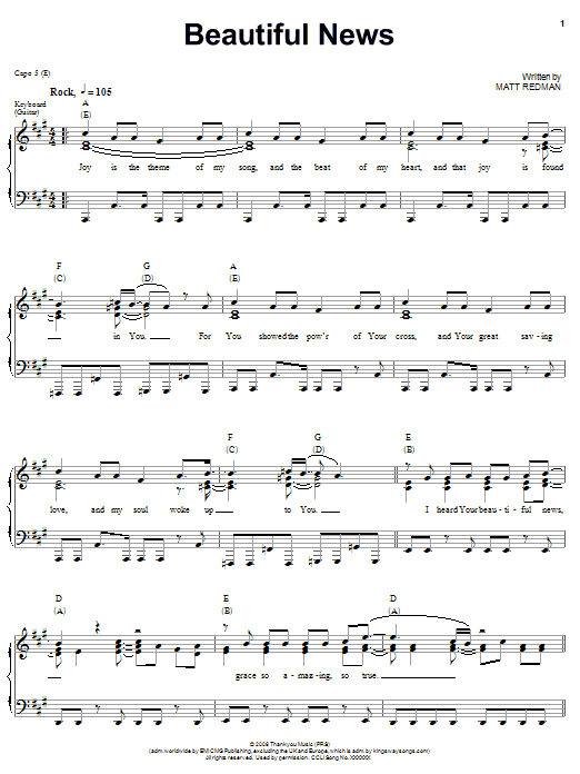Learn to play Matt Redman Beautiful News sheet music for Piano, Vocal & Guitar Chords (Right-Hand Melody) in minutes. Price: 7.8900$ Matt Redman Beautiful News sheet music notes and chords arranged for Piano, Vocal & Guitar Chords (Right-Hand Melody)