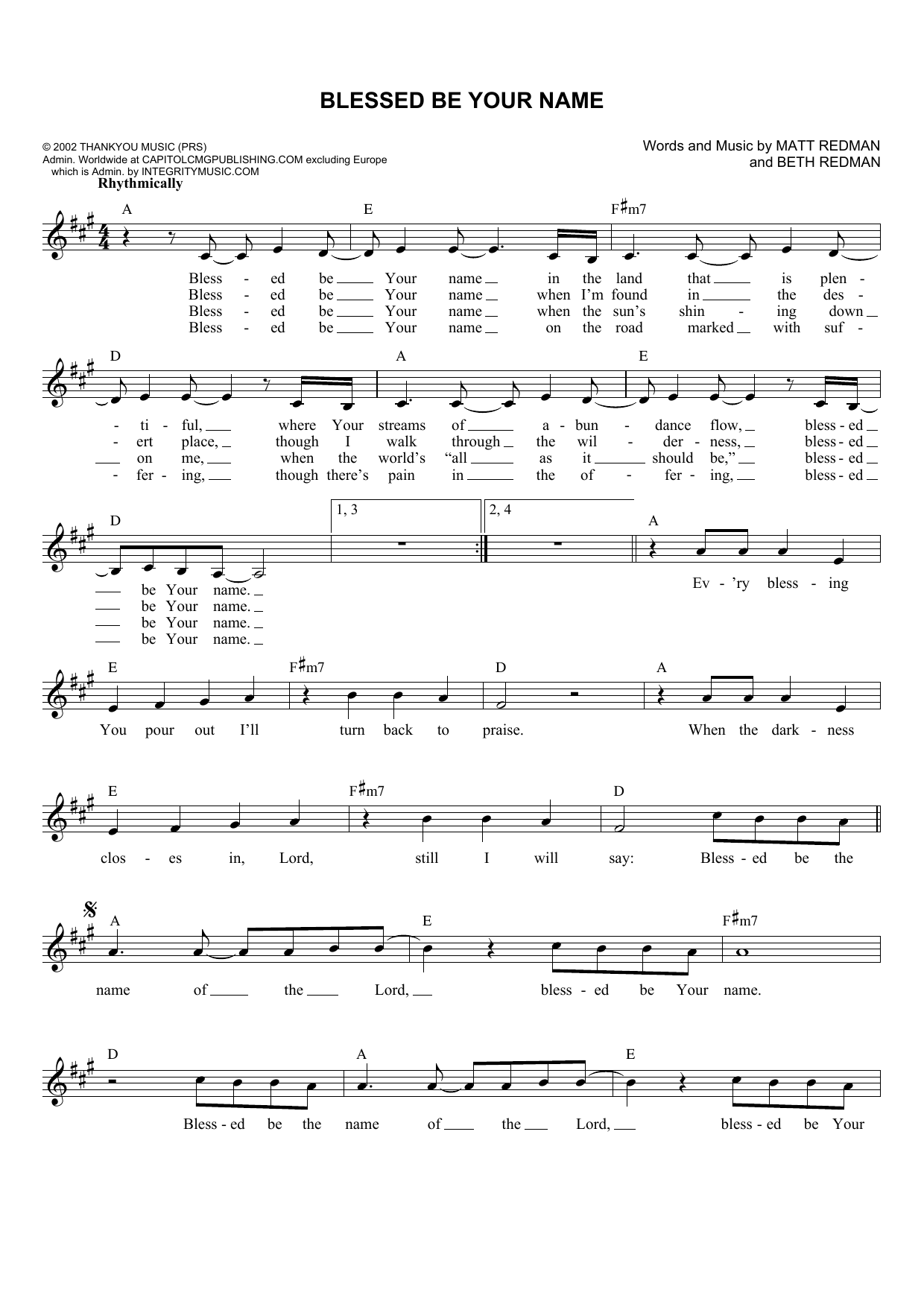 Matt Redman Blessed Be Your Name sheet music notes and chords. Download Printable PDF.