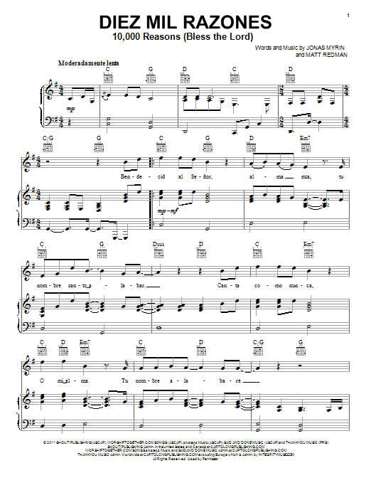 Matt Redman Diez Mil Razones (10,000 Reasons (Bless The Lord)) sheet music notes and chords. Download Printable PDF.