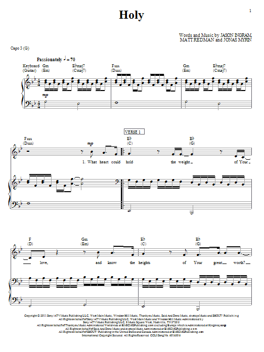 Learn to play Matt Redman Holy sheet music for Piano, Vocal & Guitar Chords (Right-Hand Melody) in minutes. Price: 7.8900$ Matt Redman Holy sheet music notes and chords arranged for Piano, Vocal & Guitar Chords (Right-Hand Melody)