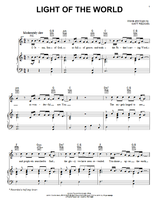 Learn to play Matt Redman Light Of The World sheet music for Piano, Vocal & Guitar Chords (Right-Hand Melody) in minutes. Price: 7.8900$ Matt Redman Light Of The World sheet music notes and chords arranged for Piano, Vocal & Guitar Chords (Right-Hand Melody)