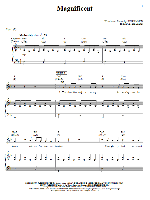 Learn to play Matt Redman Magnificent sheet music for Piano, Vocal & Guitar Chords (Right-Hand Melody) in minutes. Price: 7.8900$ Matt Redman Magnificent sheet music notes and chords arranged for Piano, Vocal & Guitar Chords (Right-Hand Melody)