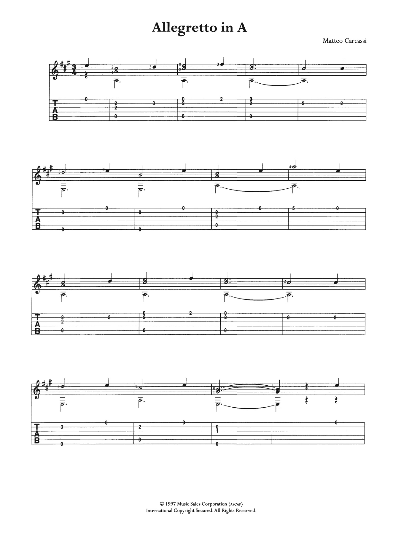 Learn to play Matteo Carcassi Allegretto In A sheet music for Guitar Tab in minutes. Price: 7.8900$ Matteo Carcassi Allegretto In A sheet music notes and chords arranged for Guitar Tab