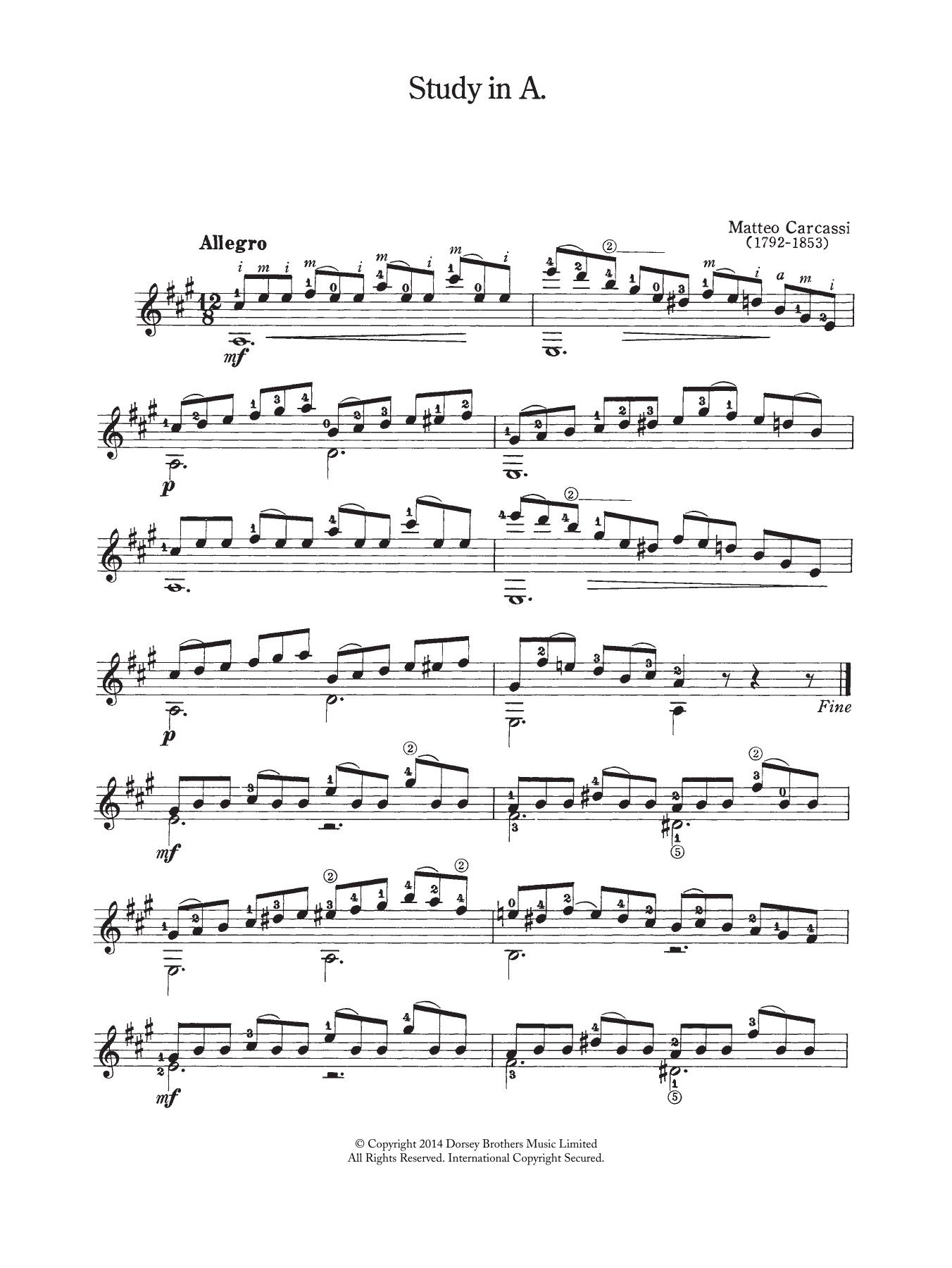 Matteo Carcassi Study In A sheet music notes and chords. Download Printable PDF.