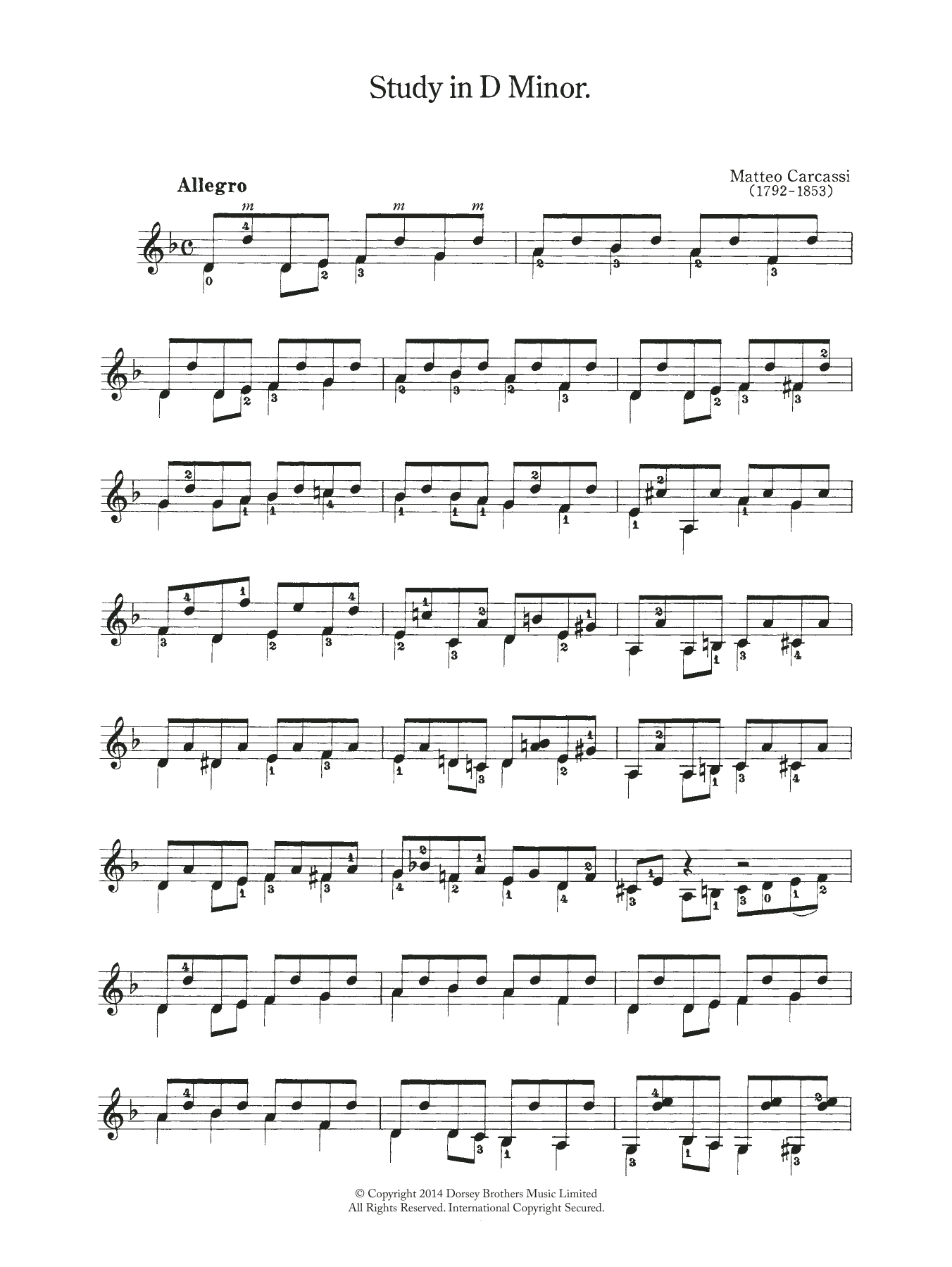 Matteo Carcassi Study In D Minor sheet music notes and chords. Download Printable PDF.