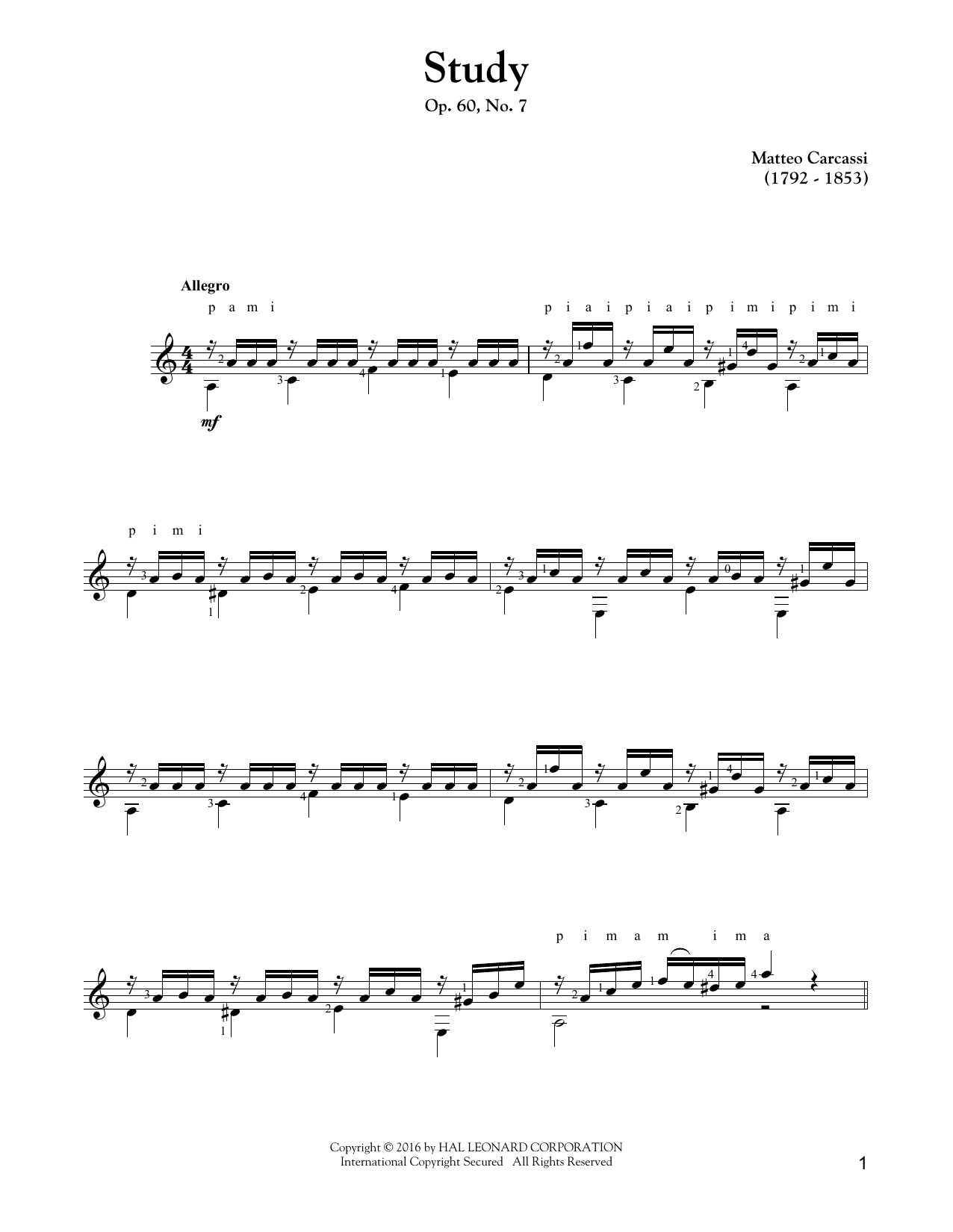 Matteo Carcassi Study In A Minor Op. 60, No. 3 sheet music notes and chords. Download Printable PDF.