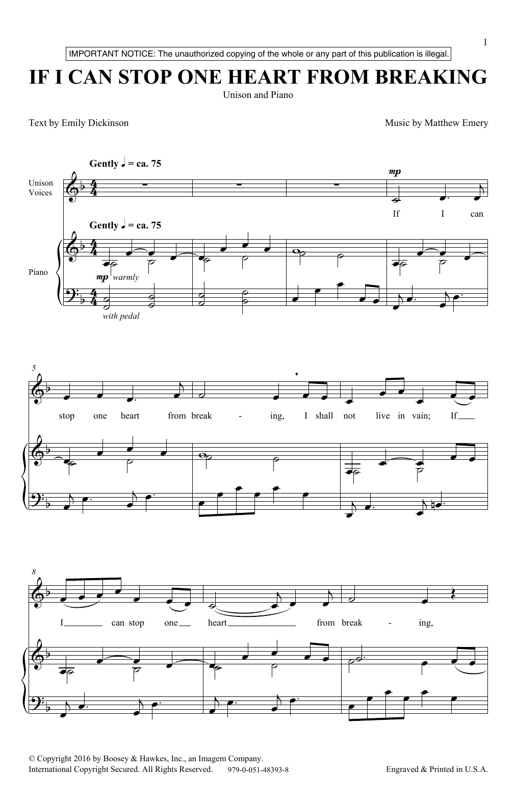 Learn to play Matthew Emery If I Can Stop One Heart From Breaking sheet music for Unison Choir in minutes. Price: 3.9900$ Matthew Emery If I Can Stop One Heart From Breaking sheet music notes and chords arranged for Unison Choir