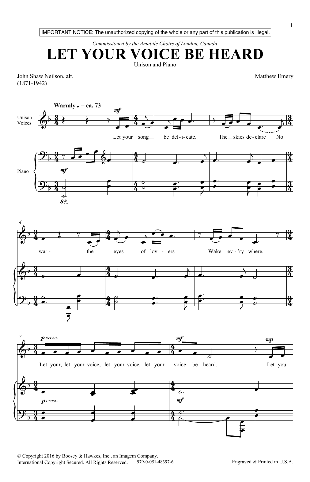Learn to play Matthew Emery Let Your Voice Be Heard sheet music for Unison Choir in minutes. Price: 3.9900$ Matthew Emery Let Your Voice Be Heard sheet music notes and chords arranged for Unison Choir
