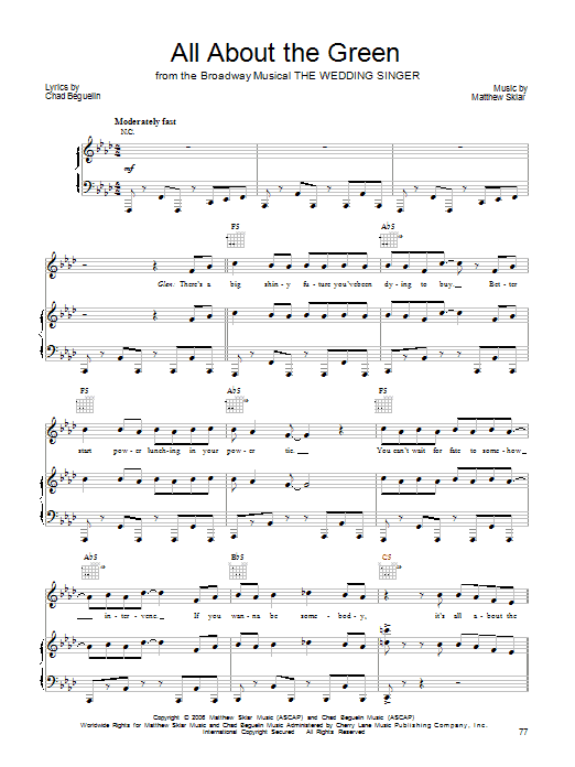 Learn to play Matthew Sklar All About The Green sheet music for Piano, Vocal & Guitar Chords (Right-Hand Melody) in minutes. Price: 7.8900$ Matthew Sklar All About The Green sheet music notes and chords arranged for Piano, Vocal & Guitar Chords (Right-Hand Melody)