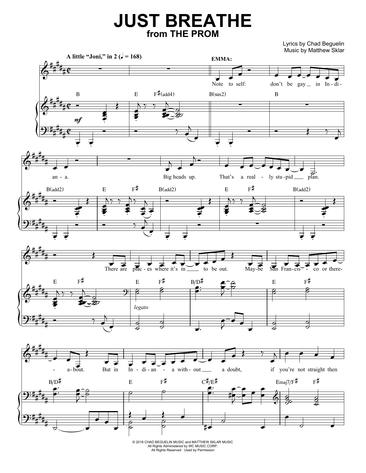 Matthew Sklar & Chad Beguelin Just Breathe (from The Prom: A New Musical) sheet music notes and chords. Download Printable PDF.